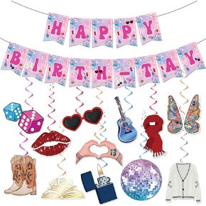 Happy Birthday Party Decorations, Pre-strung Happy Birth-Tay Banner, Popular Singer Hanging Swirls Decor for Fans, Girls Guitar Themed Birthday Party Decor, Music Themed Birthday Party Supplies