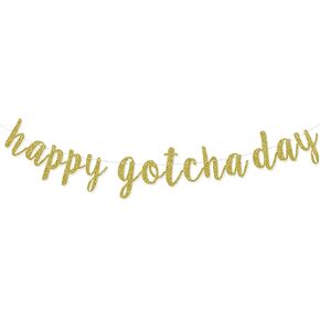 Happy Gotcha Day Banner, Pet Adoption Party Decorations Supplies, Dog Cat Gotcha Party Bunting Garland, Pre-assembled (Gold Glitter)