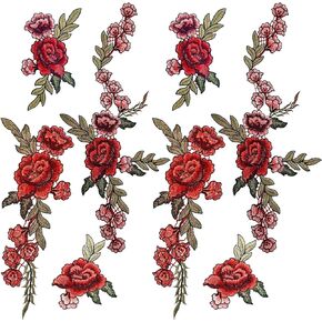 8 PCS Red Rose Embroidered Flower Applique Peony Flower Sew Iron on Patches Bouquet Boho Sew On Patches DIY Collar Bust Dress Bag Shoes