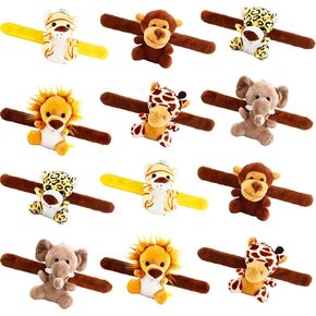 12 Pack Stuffed Animal Slap Bracelet Small Jungle Animal Plush Wrist Slap Band Toys 4 Inch Cute Plush Safari Animal Slap Bracelet for Birthday Animal Themed Party Favors, 6 Styles