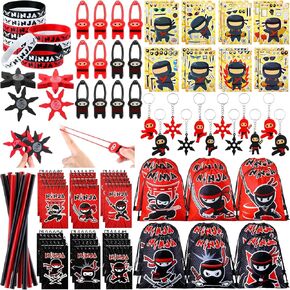 118 PCS Ninja Party Party Favors تشمل مسطّحة معصم السيليكون ملصقات مفاتيح شارات الرغوة رمي ألعاب حقائب الظهر الرباطية لحفلة عيد ميلاد النينجا