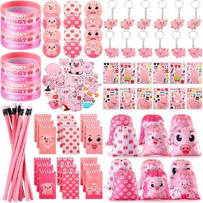 Nezyo 140 Pcs Pig Party Favors for Kids Include Pig Goodie Bags Bracelets Badges Keychains Spiral Notepads Pink Pencils and DIY Stickers for Girls Boys Birthday Baby Shower