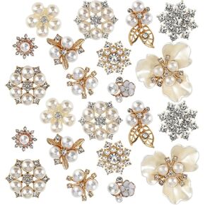 22 Pcs Pearl Buttons for Clothes Rhinestone Embellishments for Wedding Faux Alloy Pearl Brooch Floral Charms Flower Pearl Pendants for Jewelry Making DIY Clothes Bags Shoes Decorations