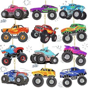 12 Pcs Trucks Diamond Painting Keychains DIY 5d Acrylic Truck Diamond Art Key Chains Vehicle Rhinestone Art Hanging Pendants for Adult Beginners Bags