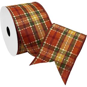 Morex Ribbon Wired Linen Harvest Plaid Ribbon, 2.5 inch by 10 Yards, Orange, 7794.60/10-720