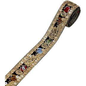 10 Yards Black Gold Embroidered Ribbon Boho Sequin Beaded Lace Trim Metallic Jacquard Ethnic Applique Woven Fabric Ribbons Bulk for Sewing Making Crafts Curtain Gift Wrapping Clothes Supply