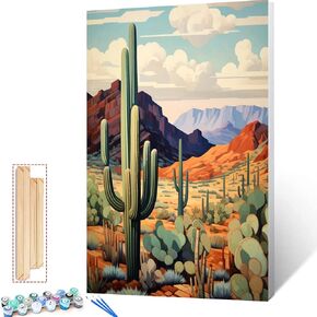 Arizona Mountains Cactus Mountain in The Desert Landscape Paint by Number Kits 16''W x 20''H Canvas Oil Painting for Students Adults Beginner Acrylic Watercolor Paint (Frame)