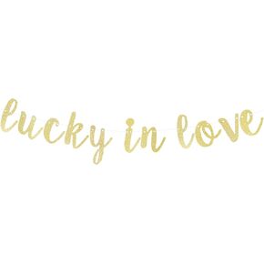 LINGTEER Lucky in Love Gold Glitter Bunting Banner Perfect for Bachelorette Wedding Party Backdrop Decorations Sign.