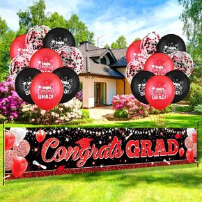 Graduation Party Decorations Orange Black Graduation Banner Balloons Set Congrats Grad Yard Banner with 18pcs Balloons for Class of 2025 Party Sign Decor College High School Party Supplies Outdoor