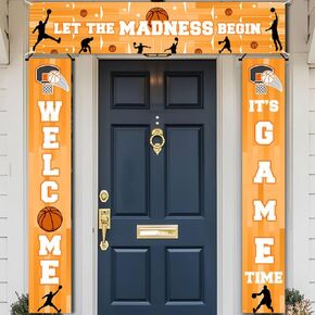 3PCS Basketball Decorations Banner Let The Madness Begin Fence Cover Hanging Welcome It's Game Time Porch Sign for March Madness Basketball Sports Party Supplies Indoor Outdoor