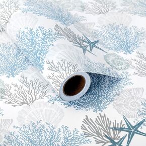 JarThenaAMCS Coral Seashell Starfish Wrapping Paper -Mini Roll- 17in x 32.8Ft Blue Ocean Sea Gift Wrap Paper for Summer Birthday Wedding Baby Shower Party Wrapping Supplies