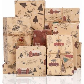 Toptime Christmas Wrapping Paper, 8 Sheets Gift Wrapping Paper with Snowflake, Christmas Tree, Snowman, Gingerbread Man, Folded Flat Holiday Gift Wrap for New Year, Art Craft (27.6x19.7in)