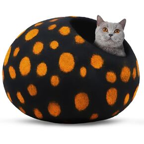 Woolygon Premium Felt Cat Cave Bed - Polka Dot Series - Wool Kitty Beds Handcrafted Kitten Caves Bed for Indoor Cats - Eco-Friendly Merino Wool, Foldable Cat Hideaway Cat Houses (Red/Black Dots)