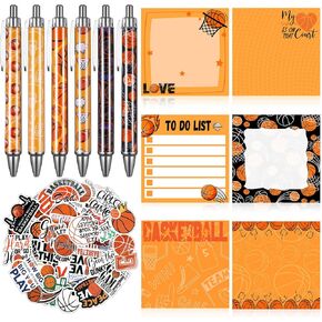 Thenshop 62 Pcs Basketball Gifts Set Includes 6 Pcs Black Ink Basketball Pens 6 Pads Sticky Note 50 Pcs Basketball Stickers Basketball Accessories for Sport Party Favors Birthday Party Supplies