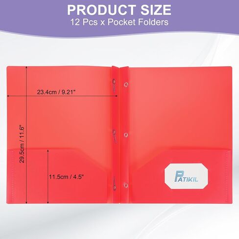 PATIKIL Pocket Folders with Prongs, 12 Pcs Heavy Duty Plastic Paper Folders with 3 Fasteners Pocket Paper File Folders Fit Letter Size Paper for Resume Documents Files Letters, Pink in Saudi Arabia