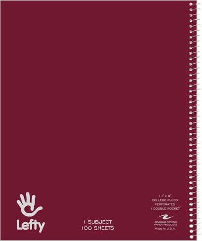 Roaring Spring Lefty Spiral Notebook, College Ruled One Subject Left Handed Notebook with Double Pocket, 11" x 9", 100 Sheets, Assorted Color Covers in Saudi Arabia