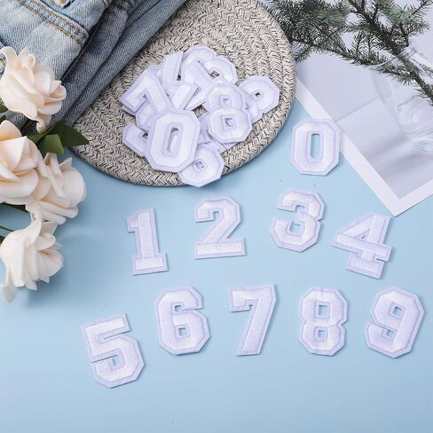 40 Pcs White Iron on Numbers White Number Patches 0-9 patch Iron on Numbers for jersey Sew on Embroidered Applique Patches for Fabric Clothing Shirts Baseball Football Jeans Hat Socks, DIY Accessories in Kuwait
