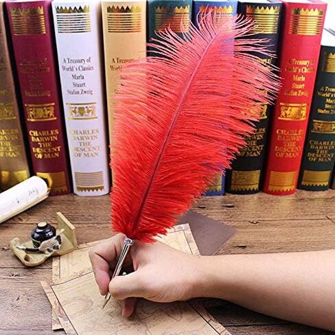 Beautiful Ostrich Feather Ballpoint Pen-Writing Quill Pen Wedding Reception Pen Set (Wine Red) in Kuwait