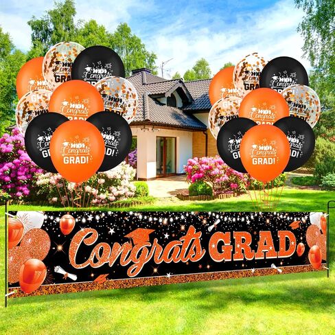 Graduation Party Decorations Orange Black Graduation Banner Balloons Set Congrats Grad Yard Banner with 18pcs Balloons for Class of 2025 Party Sign Decor College High School Party Supplies Outdoor in Saudi Arabia