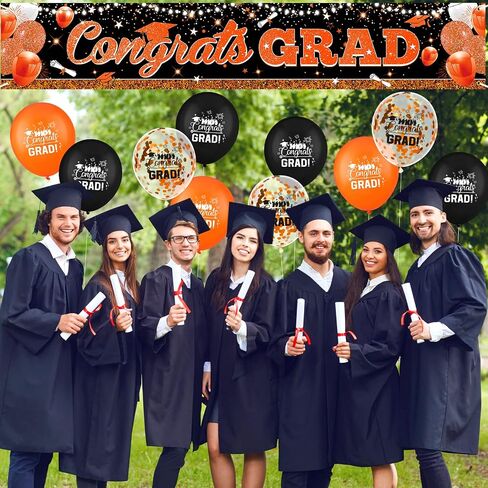 Graduation Party Decorations Orange Black Graduation Banner Balloons Set Congrats Grad Yard Banner with 18pcs Balloons for Class of 2025 Party Sign Decor College High School Party Supplies Outdoor in Saudi Arabia