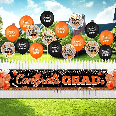 Graduation Party Decorations Orange Black Graduation Banner Balloons Set Congrats Grad Yard Banner with 18pcs Balloons for Class of 2025 Party Sign Decor College High School Party Supplies Outdoor in Saudi Arabia