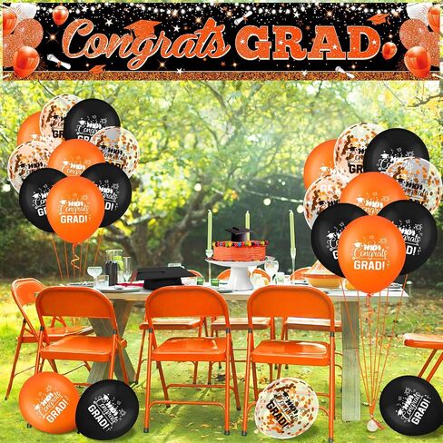 Graduation Party Decorations Orange Black Graduation Banner Balloons Set Congrats Grad Yard Banner with 18pcs Balloons for Class of 2025 Party Sign Decor College High School Party Supplies Outdoor in Saudi Arabia