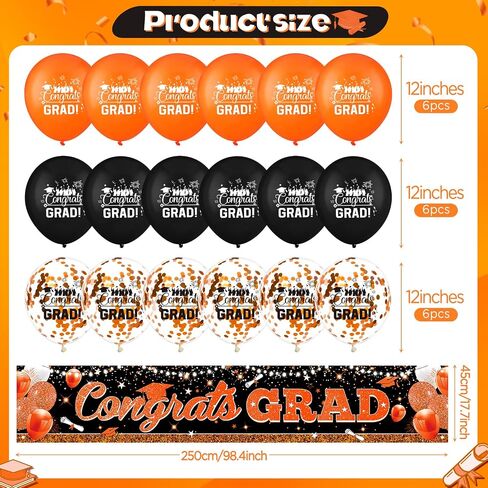 Graduation Party Decorations Orange Black Graduation Banner Balloons Set Congrats Grad Yard Banner with 18pcs Balloons for Class of 2025 Party Sign Decor College High School Party Supplies Outdoor in Saudi Arabia