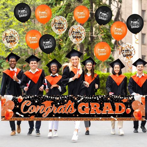 Graduation Party Decorations Orange Black Graduation Banner Balloons Set Congrats Grad Yard Banner with 18pcs Balloons for Class of 2025 Party Sign Decor College High School Party Supplies Outdoor in Saudi Arabia