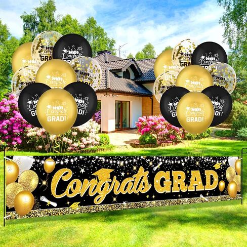 Graduation Party Decorations Orange Black Graduation Banner Balloons Set Congrats Grad Yard Banner with 18pcs Balloons for Class of 2025 Party Sign Decor College High School Party Supplies Outdoor in Saudi Arabia
