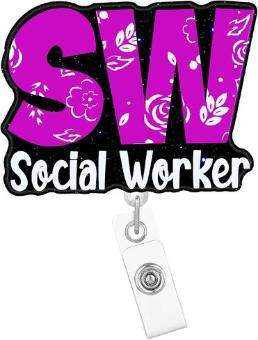 SW Social Worker Badge Reel Retractable Nursing Nurse Badge Holder with ID Clip Accessories RN CNA Doctor Hospital Medical Assistant Glitter Acrylic Name Badge Clip ID Card Gj67I6 in Kuwait