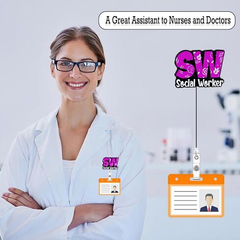 SW Social Worker Badge Reel Retractable Nursing Nurse Badge Holder with ID Clip Accessories RN CNA Doctor Hospital Medical Assistant Glitter Acrylic Name Badge Clip ID Card Gj67I6 in Kuwait