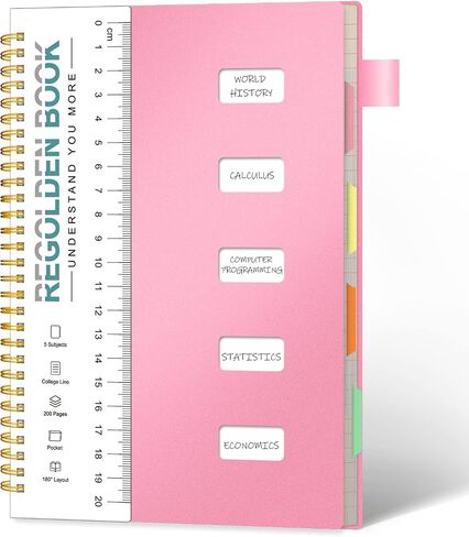 Regolden-Book Spiral Notebook College Ruled, 5 Subject Notebook for School Office Supplies with Pocket Dividers Ruler, 150 Pages, 8.5x5.5, Black in Saudi Arabia