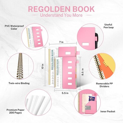 Regolden-Book Spiral Notebook College Ruled, 5 Subject Notebook for School Office Supplies with Pocket Dividers Ruler, 150 Pages, 8.5x5.5, Black in Saudi Arabia