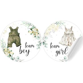 48pcs Baby Clothes Theme Gender Reveal Stickers Light Green, Team Boy or Team Girl Paper Decals Self-Adhesive Sticker Label for Gift Greeting Card, Baby Shower Party Decorations Supplies