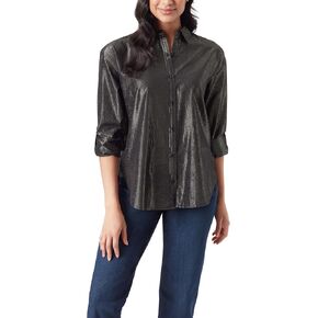 Gloria Vanderbilt Women's Plus Size Amanda Oversized Button Down Shirt with Roll-tab Sleeves, Black Lurex