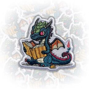 Dragon Reading Book Patch, 3 Inches Iron On/Sew On Embroidered Applique Fabric Fantasy Dragon Patches for Clothes Backpacks Hat Jeans, Cute Bookish Embroidery Patches for Book Lovers