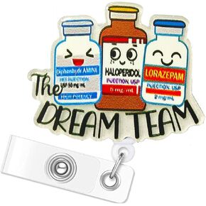The Dream Team Funny Badge Reel - Psych Nurse Badge Reel Holder Retractable with Alligator Clip, Gift for Psychiatric Nurse Psychiatrist Mental Health Practitioner Pharmacy Tech Anesthesiologist
