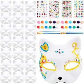 34 Pcs DIY Blank Paper Cat Mask Craft Set Including 22 Pcs White Paper Cat Mask Bulk 4 Pcs Gemstone Stickers with 8 Pcs Painting Props for Halloween Activity Masquerade Cosplay Party