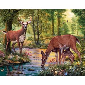 Bits and Pieces - 50 Piece Jigsaw Puzzle for Seniors - 15" x 19" - Woodland Stream - 50 pc Large Lettered Pieces Deer Family Jigsaw