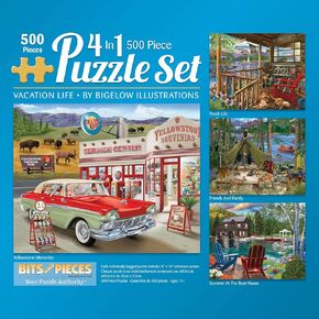 Bits and Pieces – 4-in-1 Multi-Pack 500 Piece Jigsaw Puzzles for Adults – Jigsaw Puzzle Set Bundle by Bigelow Illustrations, Completed Puzzle Size: 16" x 20"