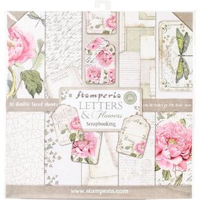 Stamperia Intl Letters & Flowers Double Sided Paper Pad (10/Pack), 12" x 12",Pink/Green