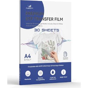 DTF Transfer Film - 30 Sheets A4 (8.3" x 11.7") Double-Side Matte Clear Pretreat Sheets-PET Heat Transfer Paper for Epson Inkjet Printer DTF DIY Direct Print on T-Shirts Textile