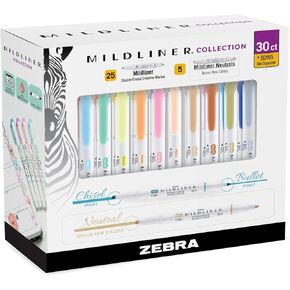 Zebra Pen Mildliner Highlighters, Double Ended Highlighter, Broad and Fine Tips, Pastel and Neutral Colors Midliner Pens, 30 Pack
