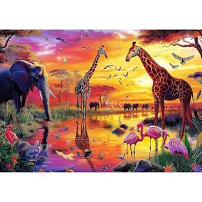 Animal Jigsaw Puzzles for Adults 1000 Pieces Nature Wildlife Scene with Elephants Lion Tiger Giraffes Flamingos Puzzle Family Challenging Funny Puzzle Perfect for Game Nights (27.5"X19.6")
