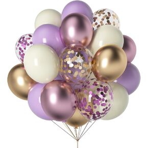 Purple and Gold Balloons, 60pcs 12inch Metallic Lavender and Champagne Balloons, White and Light Purple Balloons with Confetti Balloons for Graduation Wedding Birthday Anniversary Ceremony Decorations