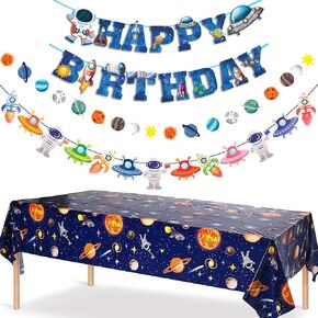 Outer Space Party Decorations - Space Theme Supplies with Happy Birthday Banner Solar System Tablecloth for Galaxy Party Decor (Tablecloth+Flag Banner)