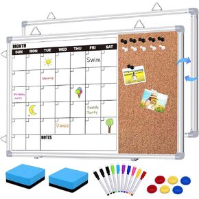 Calendar Whiteboard for Wall, 17" x 13" Double Sided Monthly Dry Erase Board Calendar for Office, Home, School, Hanging Cork Board White Board Combo, Portable Magnetic Dry Erase Planner Board