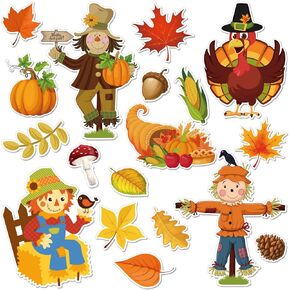 Whaline 67Pcs Fall Thanksgiving Scarecrow Bulletin Board Cutouts Autumn Classroom Decorations Turkey Dustpan Maple Leaves Corns Acorns with 100Pcs Glue Points for School Classroom Game Party