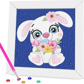 Miairivy Diamond Painting for Kids, 5D Animal Diamond Art Mini Small Kit(with Wooden Frame), DIY Cute Rabbit Big Gem Painting Set, Paint by Diamonds Crafts for Girls Boys Ages 4-12