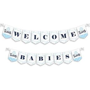 Big Dot of Happiness - It’s Twin Boys - Blue Twins Baby Shower Bunting Banner - Party Decorations - Welcome Babies